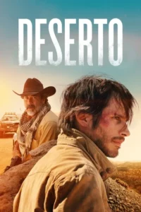 Um cowboy grisalho e um jovem ferido em um deserto árido. Um caminhão ao fundo,sob céu azul. Clima de sobrevivência.