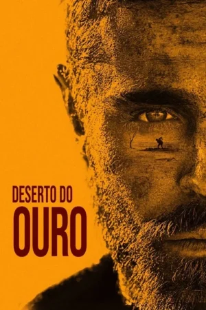 Rosto masculino áspero em tons de ouro. No olho, um homem cava em solo árido com árvore solitária. Atmosfera de calor e busca.