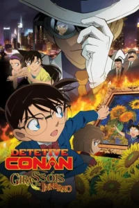 Pôster anime:Garoto detetive,figura misteriosa,e outros personagens. Cidade noturna,chamas e girassóis criam suspense.