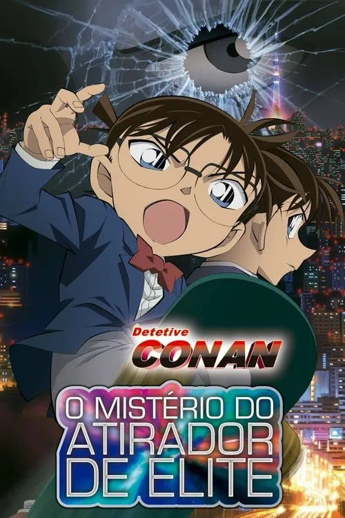 Detetive Conan:O Mistério do Atirador de Elite 1 Garoto anime de óculos e gravata borboleta,surpreso,aponta. Atrás,outro personagem. Um olho gigante espreita por vidro estilhaçado sobre uma cidade noturna. Tensão.