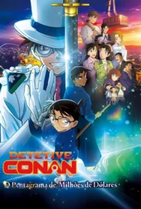 Pôster anime:Ladrão-cavalheiro,menino detetive e grupo de personagens em cidade noturna. Espada brilhante divide a cena. Ação e mistério.