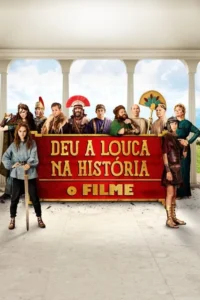 Uma mulher com espada e um jovem romano em destaque, com grupo de figuras históricas e cômicas ao fundo, em cenário clássico.