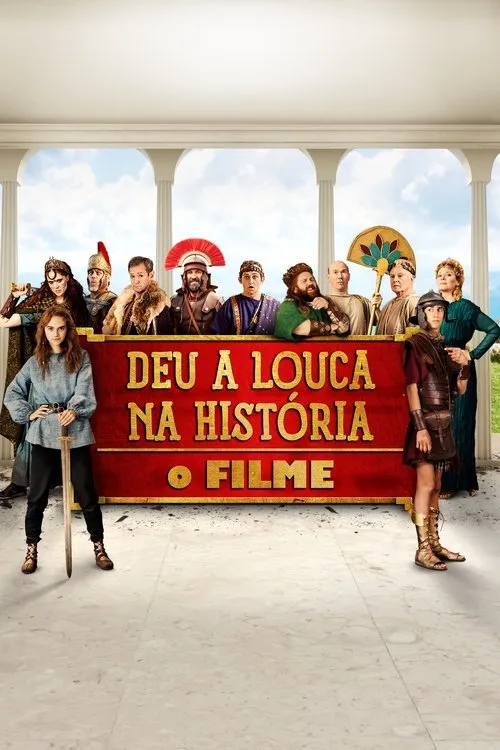 Uma mulher com espada e um jovem romano em destaque, com grupo de figuras históricas e cômicas ao fundo, em cenário clássico.