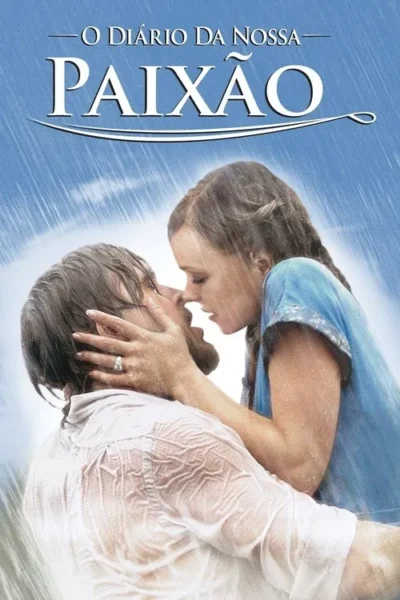 Casal molhado se abraça e quase se beija intensamente sob chuva torrencial. O clima é romântico e apaixonado.