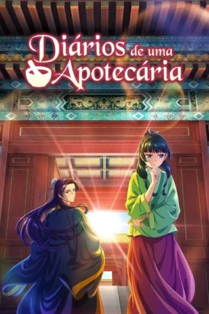 Pôster de anime com uma mulher de roupas verdes e um homem de túnica escura em um palácio asiático. Luz quente e clima histórico.