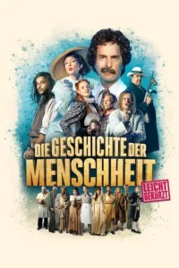 Pôster com 15+ personagens em trajes de diferentes épocas,liderados por um homem de bigode. Fundo de respingos azuis,clima cômico.