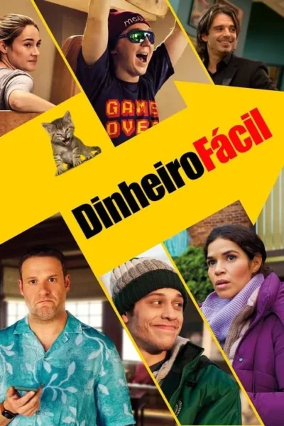 Pôster amarelo em forma de seta com várias pessoas e um gatinho. Expressões variam de surpresa, alegria e preocupação. Clima de comédia.