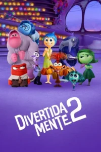 Pôster mostra nove emoções animadas coloridas,incluindo Alegria,Tristeza e Ansiedade,em um vibrante cenário roxo iluminado.