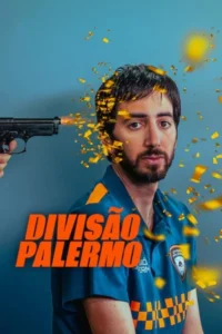 Homem barbudo de uniforme azul. Arma apontada para sua têmpora explode confete dourado. Fundo azul. Tom cômico.