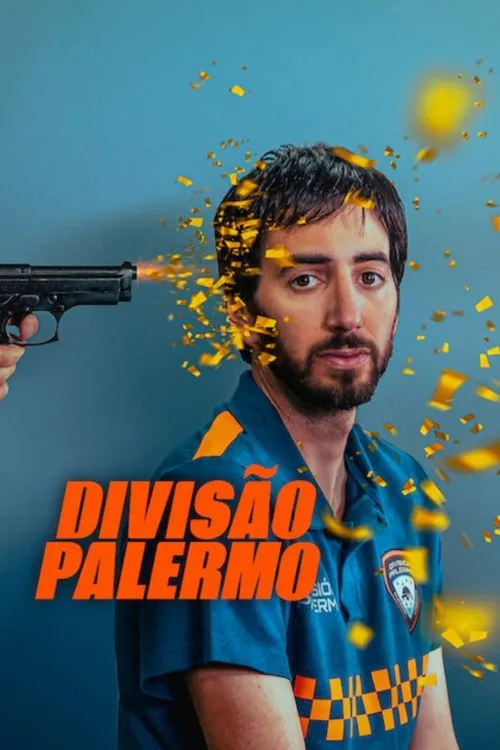 Homem barbudo de uniforme azul. Arma apontada para sua têmpora explode confete dourado. Fundo azul. Tom cômico.