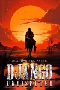 Cowboy em silhueta a cavalo sob um pôr do sol laranja ardente,refletido na água. Cenário de faroeste dramático e intenso.