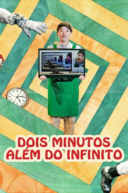 Um homem de avental verde segura uma TV que mostra um loop infinito de imagens de si. Fundo geométrico,mão com luva e relógio.