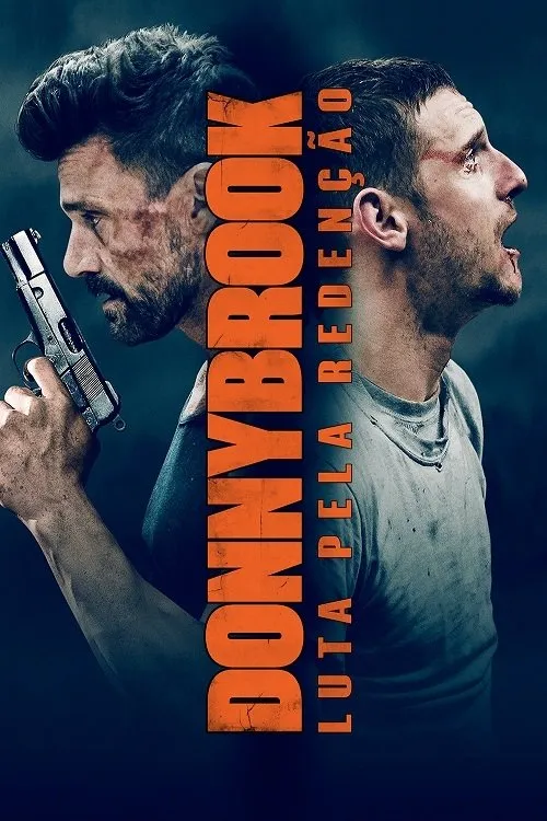 Pôster sombrio: dois homens barbudos feridos. Um com pistola e rosto sujo, o outro gritando com sangue. Fundo escuro. Tensão.