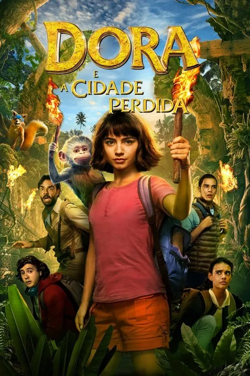 Uma jovem exploradora com tocha lidera um grupo de amigos e animais em uma selva cheia de ruínas antigas e chamas.