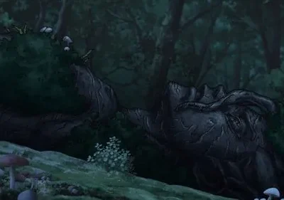 Floresta noturna com uma escultura de pedra em forma de rosto adormecido, coberta de musgo. Cogumelos no chão. Atmosfera mística.