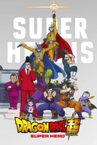 Um pôster de anime com heróis em poses de combate. Inclui figuras mascaradas,alienígenas e humanos em um cenário cinza e futurista.