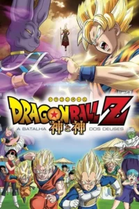 Pôster de anime. Acima,um ser roxo e um guerreiro loiro colidem energias no céu;abaixo,diversos personagens festejam. Clima de ação e celebração.