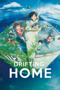 Várias crianças animes felizes em um prédio abandonado coberto de plantas,flutuando em um oceano azul. Um clima de maravilha.