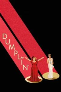 Pôster:Mulher plus size em vestido vermelho com braços abertos num holofote. Ao lado,mulher magra de vestido de concurso. Clima vibrante.