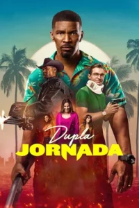 Homem com camisa floral lidera equipe de ação e comédia. Cowboy, homem com colar cervical e mulheres em cenário tropical/urbano com explosões.