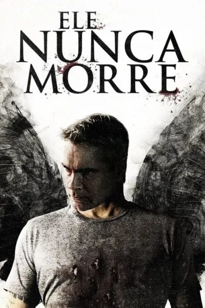 Homem com expressão intensa, camiseta suja e ensanguentada. Asas escuras e fumaça ao fundo. O clima é sombrio e violento.