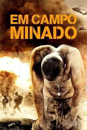 Homem musculoso e sujo, de cabeça baixa, com dog tags. Fundo de deserto com explosões, soldados e helicópteros. Clima de guerra.
