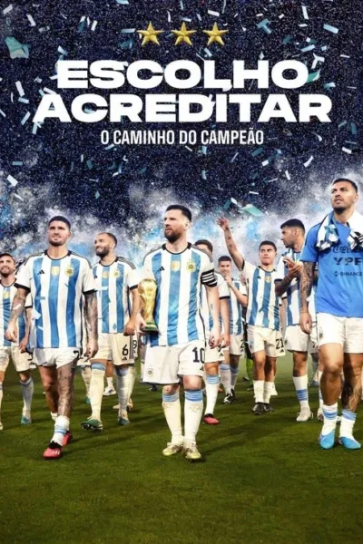 Time de futebol de camisa azul e branca celebra em campo. Chuva de confetes. Jogador central segura a taça dourada. Clima vitorioso.