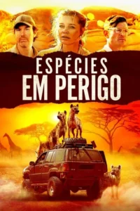 Três pessoas tensas no topo. Jipe off-road rodeado por hienas na savana africana ao pôr do sol. Aventura e perigo.