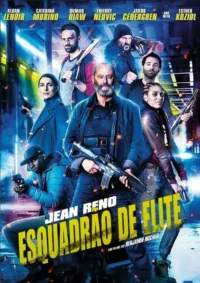 Pôster de ação com oito personagens armados,incluindo Jean Reno,em cenário urbano noturno azulado. Atmosfera tensa de combate.