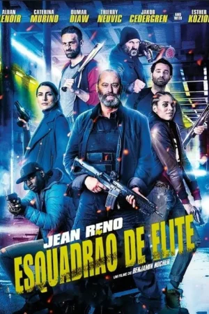 Pôster de ação com oito personagens armados, incluindo Jean Reno, em cenário urbano noturno azulado. Atmosfera tensa de combate.