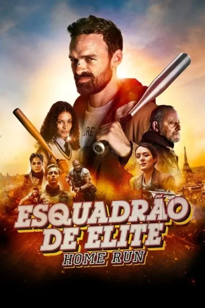 Pôster: homem barbudo com taco, elenco diverso de personagens sérios. Fogo, explosões e cidade ao fundo. Clima de ação e aventura.