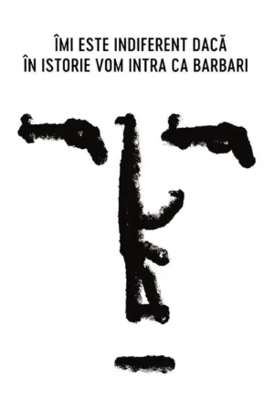 Pôster minimalista: rosto abstrato de pinceladas pretas ásperas em fundo branco. Expressão crua e clima desafiador.