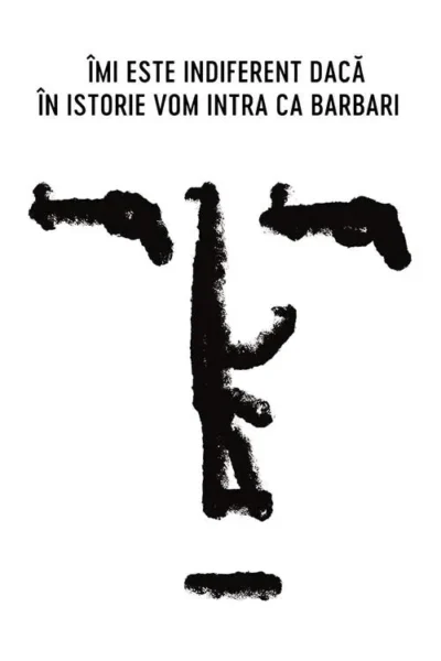 Pôster minimalista: rosto abstrato de pinceladas pretas ásperas em fundo branco. Expressão crua e clima desafiador.