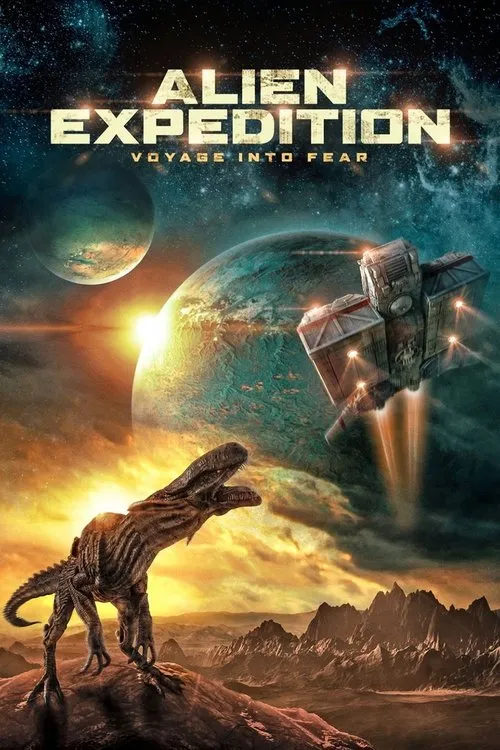 Pôster de ficção científica: um dinossauro urra em um planeta alienígena árido, enquanto uma nave espacial paira sob múltiplos planetas no céu.
