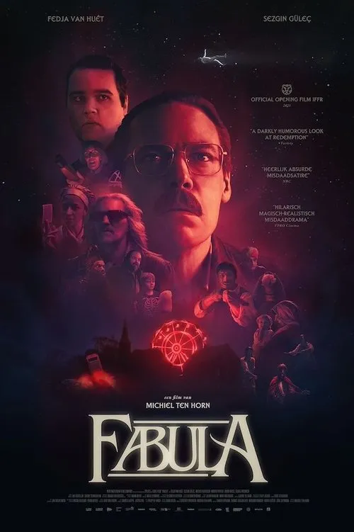 Homem de óculos e bigode em destaque,cercado por rostos diversos num fundo estrelado. Abaixo,roda-gigante vermelha e igreja. Clima sombrio e surreal.