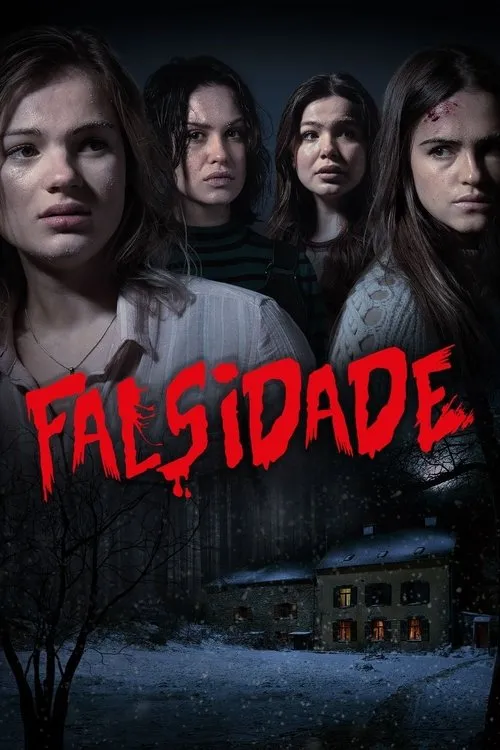 Quatro mulheres assustadas com neve no rosto e uma ferida na testa,acima de floresta escura e casa misteriosa na neve.
