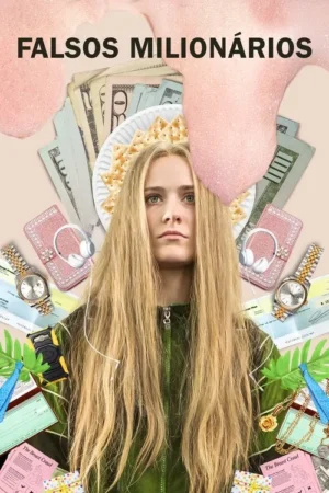 Mulher loira séria ao centro, rodeada por notas de dinheiro, relógios, fones de ouvido e biscoitos. Um misto de luxo e simplicidade.