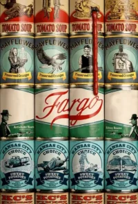 Pôster com grade de latas de comida vintage. Ilustrações retrô de pessoas,carros,um cadáver e sangue escorrendo. Clima sombrio.
