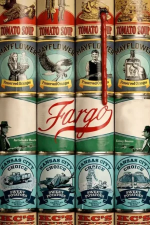 Pôster com grade de latas de comida vintage. Ilustrações retrô de pessoas, carros, um cadáver e sangue escorrendo. Clima sombrio.