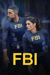 Pôster:Homem e mulher,agentes em coletes táticos com a palavra FBI,olham vigilantes para lados opostos em cenário noturno.