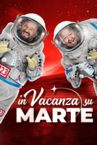 Dois homens sorridentes em trajes de astronauta,de braços abertos,em paisagem marciana vermelha e estrelada. Humor espacial.