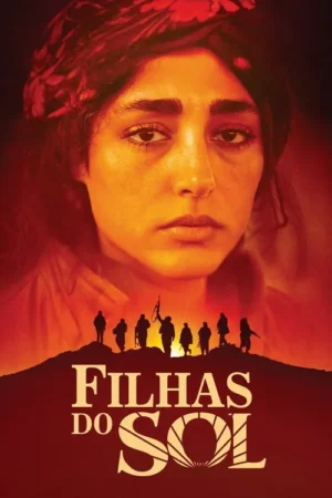 Rosto de mulher séria com lenço na cabeça em tons quentes. Abaixo, silhuetas de figuras armadas em uma colina ao pôr do sol. Clima intenso.