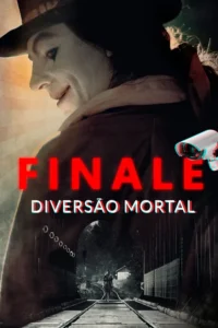 Um rosto pálido e sinistro com chapéu sorri. Abaixo, uma figura solitária caminha por trilhos de trem em direção a um túnel escuro. Tensão.