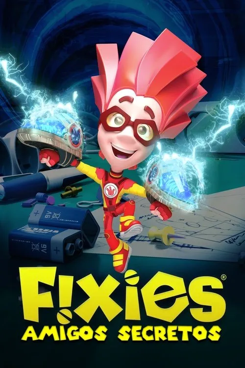 Fixies - Amigos Secretos 1 Personagem animado de cabelo vermelho e óculos sorri,segurando aparelhos elétricos com raios azuis. Fundo de laboratório com ferramentas.