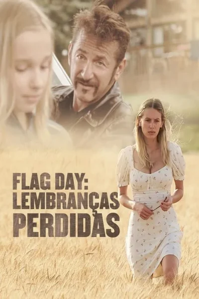 Jovem em vestido floral ajoelhada em campo de trigo. Homem de bigode observa menina, ambos desfocados. Tom melancólico e rural.