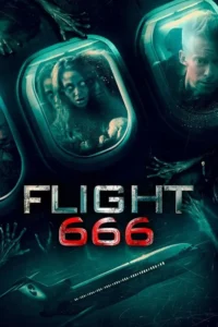 Pôster sombrio. Janelas de avião mostram passageiros aterrorizados, alguns com olhos brancos, e um bebê. Mãos cadavéricas. Avião voa na escuridão. Terror.