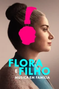 Pôster:Mulher de perfil usando fones de ouvido rosa chocante;um é a silhueta de uma criança. Clima introspectivo.