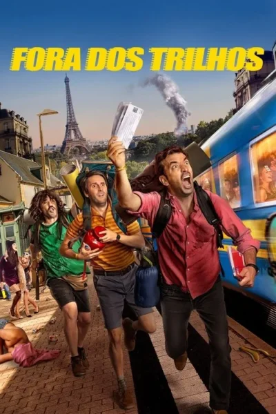 Três mochileiros correm desesperados por uma rua caótica em Paris, com a Torre Eiffel ao fundo e um trem em movimento. Clima de comédia.