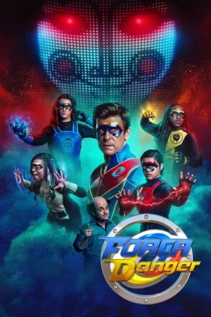 Grupo de heróis coloridos com poderes em cena vibrante. Fundo escuro com um rosto digital azul brilhante e névoa colorida.