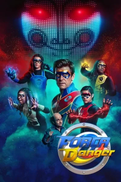 Grupo de heróis coloridos com poderes em cena vibrante. Fundo escuro com um rosto digital azul brilhante e névoa colorida.